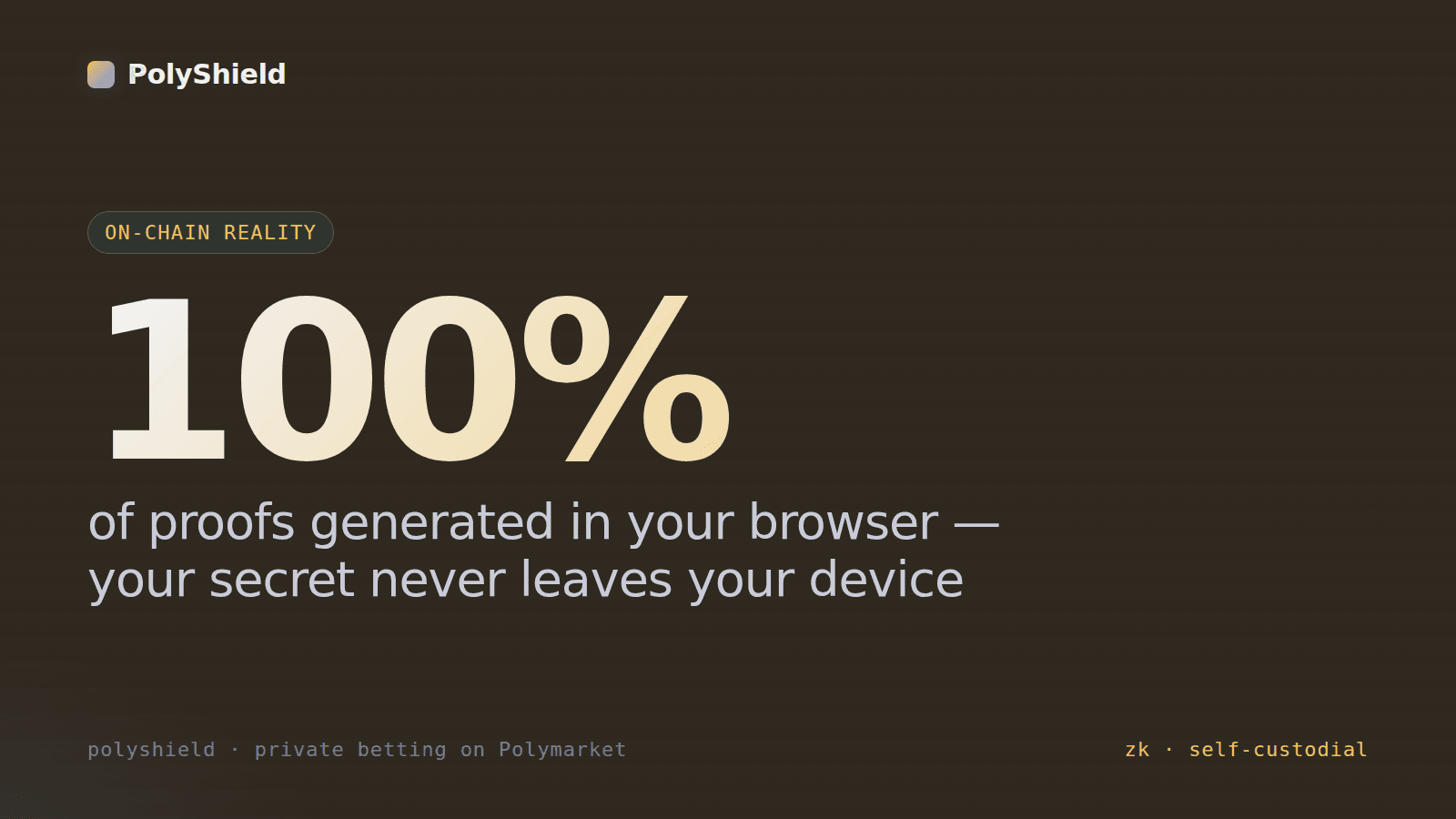 Stat card: '100% of proofs generated in your browser — your secret never leaves your device,' PolyShield style.